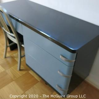 Metal Machine Age Four Drawer Desk. Rescued from West Virginia University Student Dormitory. 50W x 19D x 30"T, with Aluminum Straight Back Side Chair.  