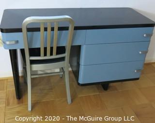 Metal Machine Age Four Drawer Desk. Rescued from West Virginia University Student Dormitory. 50W x 19D x 30"T, with Aluminum Straight Back Side Chair.  