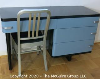 Metal Machine Age Four Drawer Desk. Rescued from West Virginia University Student Dormitory. 50W x 19D x 30"T, with Aluminum Straight Back Side Chair.  