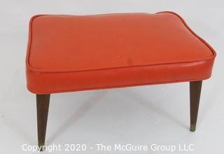 Mid Century Modern Orange Leather Top Ottoman with Splayed (screw-on) legs; 16 x 24 x 13.5T 
