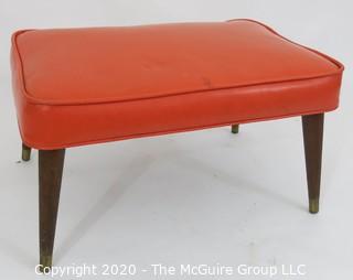 Mid Century Modern Orange Leather Top Ottoman with Splayed (screw-on) legs; 16 x 24 x 13.5T 
