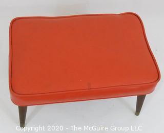 Mid Century Modern Orange Leather Top Ottoman with Splayed (screw-on) legs; 16 x 24 x 13.5T 
