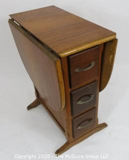 Drop Leaf Work Table or Desk with Three Drawers; center panel 12"W x 24D x 29.25"T; each wing adds 17.5" to top when extended  