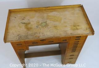 Furniture: Industrial J. H. Rosberg Manufacturing Co. Jeweler's Desk or Watchmakers Work Bench with Railing, Multiple Wood Drawers in Differing Sizes to Keep Tools organized and Catch Tray to Collect Bench Sweeps. 40W x 20D x 39"