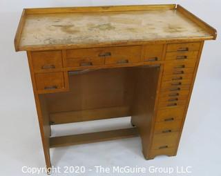 Furniture: Industrial J. H. Rosberg Manufacturing Co. Jeweler's Desk or Watchmakers Work Bench with Railing, Multiple Wood Drawers in Differing Sizes to Keep Tools organized and Catch Tray to Collect Bench Sweeps. 40W x 20D x 39"