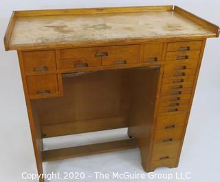 Furniture: Industrial J. H. Rosberg Manufacturing Co. Jeweler's Desk or Watchmakers Work Bench with Railing, Multiple Wood Drawers in Differing Sizes to Keep Tools organized and Catch Tray to Collect Bench Sweeps. 40W x 20D x 39"