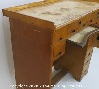 Furniture: Industrial J. H. Rosberg Manufacturing Co. Jeweler's Desk or Watchmakers Work Bench with Railing, Multiple Wood Drawers in Differing Sizes to Keep Tools organized and Catch Tray to Collect Bench Sweeps. 40W x 20D x 39"