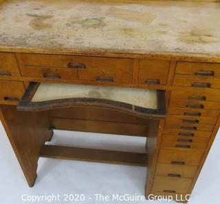 Furniture: Industrial J. H. Rosberg Manufacturing Co. Jeweler's Desk or Watchmakers Work Bench with Railing, Multiple Wood Drawers in Differing Sizes to Keep Tools organized and Catch Tray to Collect Bench Sweeps. 40W x 20D x 39"