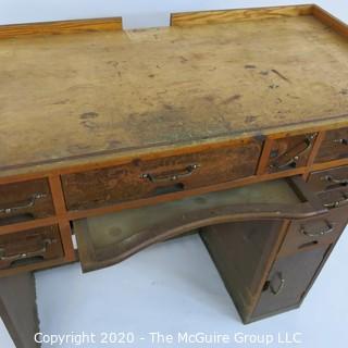 Industrial Wood Jeweler's Desk or Watchmakers Work Bench with Railings, Drawers in Range of Sizes to Keep Tools Organized and Catch Tray for catching bench sweeps.  Some Damage to Base. 40"W x 20"D x 36"T