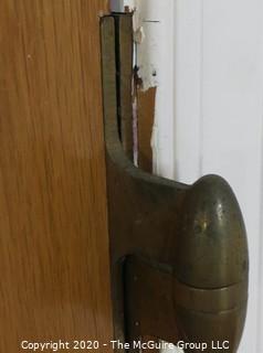 Solid Oak Interior Door with Center Leaded Faceted Glass Panel.  Features two different marquetry inlaid accents on bottom panel and Art Deco Period Hardware, including 3 "Bullet" Hinges.  Architectural Salvage. 31.5W x 75T x 1.75" 