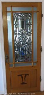 Solid Oak Interior Door with Center Leaded Faceted Glass Panel.  Features two different marquetry inlaid accents on bottom panel and Art Deco Period Hardware, including 3 "Bullet" Hinges.  Architectural Salvage. 31.5W x 75T x 1.75" 