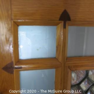 Solid Oak Interior Door with Center Leaded Faceted Glass Panel.  Features two different marquetry inlaid accents on bottom panel and Art Deco Period Hardware, including 3 "Bullet" Hinges.  Architectural Salvage. 31.5W x 75T x 1.75" 