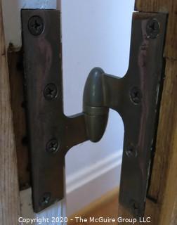 Solid Oak Interior Door with Center Leaded Faceted Glass Panel.  Features two different marquetry inlaid accents on bottom panel and Art Deco Period Hardware, including 3 "Bullet" Hinges.  Architectural Salvage. 31.5W x 75T x 1.75" 