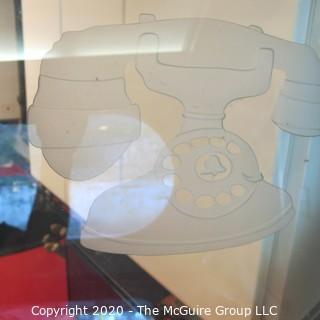 Brushed Aluminum Diner Door with Round Glass Panel Etched with Telephone Design; 30W x 80"T Reproduction (Note: Description altered 11.14.20 @ 3:27pm ET)