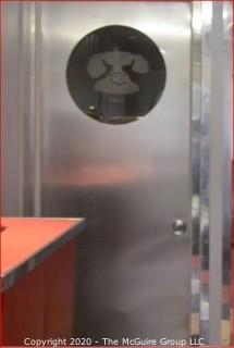 Brushed Aluminum Diner Door with Round Glass Panel Etched with Telephone Design; 30W x 80"T Reproduction (Note: Description altered 11.14.20 @ 3:27pm ET)