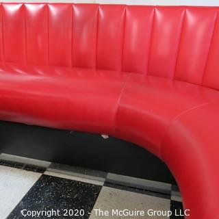 Furniture: 1950's style "Diner" booth with two-piece corner banquette, 2 red stools, 2 black stools and glass topped chrome table on 4 pedestal feet.  Table is 48" x 68" x 31"T; Banquette is 73" end to wall x 90" end to wall. Banquette is 30.5" tall at back x 17.5" seat height.  Stools are 21"T. Note: photo shows 1.5" worn banquette seat.   