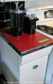 Pair of Vintage Chrome Soda Fountain Dispensers Mounted in Painted Kitchen Cabinet with Red Laminate Top. 17W x 25D x 36T