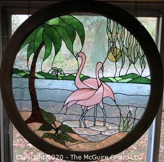 Art: Stained Glass: circular "Pink Flamingoes". 41.5" diameter