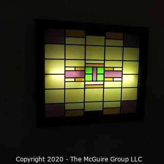 Art Deco Stained Glass Window in Mounted Wall Case with Backlight.  Measures approximately 36"W x 31.5"T x 4.25" D