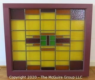 Art Deco Stained Glass Window in Mounted Wall Case with Backlight.  Measures approximately 36"W x 31.5"T x 4.25" D