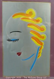 Art Deco Incised Painted Tin of Female in Profile, Framed Under Glass. Unsigned Folk Art Circa 1930. Outside Dimensions 13 16.5"; Image Size 5.5 x 8.5"
