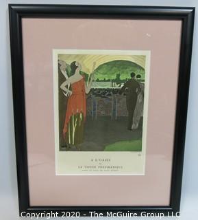 1921 Framed Art Deco Pochoir Fashion Print Andre Edouard Marty, Gazette du Bon Ton "La Voute Pnuematique". Outside Dimensions 10.5 x 13"; Image Size 6 x 8"