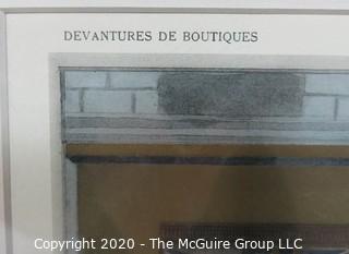 Framed Art Deco Pochoir Colored Lithograph of Tailleurs, Rue Albert, Paris, by P. Figarol, in "Devantures de Boutiques" portfolio of Louis-Pierre Sezille, Paris, 1927. Outside Dimensions 13 x 15.5"; Image Size 8 x 10"