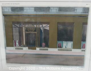 Framed Art Deco Pochoir Colored Lithograph of Tailleurs, Rue Albert, Paris, by P. Figarol, in "Devantures de Boutiques" portfolio of Louis-Pierre Sezille, Paris, 1927. Outside Dimensions 13 x 15.5"; Image Size 8 x 10"