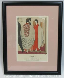 1922 Framed Art Deco Pochoir Fashion Print Andre Edouard Marty, Gazette du Bon Ton "Un Coup D'Oeil En Passant". Outside Dimensions 10.5 x 13"; Image Size 5.75 x 8.25"