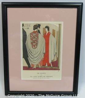 1922 Framed Art Deco Pochoir Fashion Print Andre Edouard Marty, Gazette du Bon Ton "Un Coup D'Oeil En Passant". Outside Dimensions 10.5 x 13"; Image Size 5.75 x 8.25"