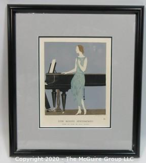 1921 Framed Art Deco Pochoir Fashion Print Andre Edouard Marty, Gazette du Bon Ton "Con Molto Sentimento". Outside Dimensions 11.5 x 13"; Image Size 6" x 7.75"