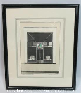 Framed Art Deco Pochoir Colored Lithograph "Devantures de Boutiques" attributed to M. Meslin (circa 1920's) Outside Dimensions 13.5 x 15.75"; Image Size 8.5 x 10.5"