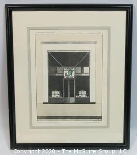 Framed Art Deco Pochoir Colored Lithograph "Devantures de Boutiques" attributed to M. Meslin (circa 1920's) Outside Dimensions 13.5 x 15.75"; Image Size 8.5 x 10.5"