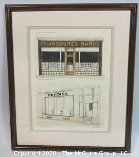 Framed Art Deco Pochoir Color Lithograph from 'Devantures de Boutiques' by Louis-Pierre Sezille, Paris, 1927. Outside Dimensions 13.5 x 16"; Image Size 8.5 x 11"