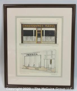 Framed Art Deco Pochoir Color Lithograph from 'Devantures de Boutiques' by Louis-Pierre Sezille, Paris, 1927. Outside Dimensions 13.5 x 16"; Image Size 8.5 x 11"