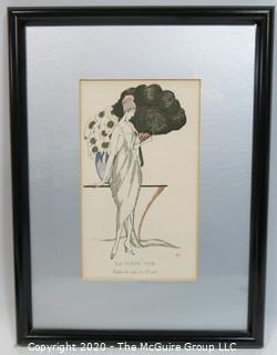 Framed Art Deco Pochoir Print: "Le Fleur d'Or"; Outside Dimensions 11 x 14.5"; Image Size 5 x 8.5" Glass Framed. Vintage. Print.