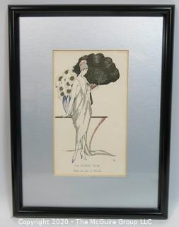 Framed Art Deco Pochoir Print: "Le Fleur d'Or"; Outside Dimensions 11 x 14.5"; Image Size 5 x 8.5" Glass Framed. Vintage. Print.