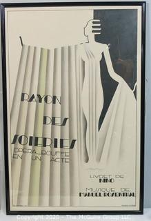 "Rayon des Soieries, Opera Bouffe en un Acte," Framed Art Deco Pochoir Lithograph Poster by Maurice Dufrene; circa 1930.  32" x 48"