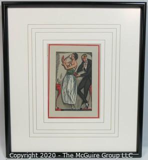 Framed Under Glass Art Deco Pochoir Print, Unsigned by Artist. Outside Dimensions 19 x 21"; Image Size 7.25 x 10"