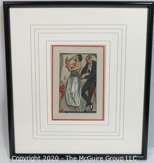 Framed Under Glass Art Deco Pochoir Print, Unsigned by Artist. Outside Dimensions 19 x 21"; Image Size 7.25 x 10"