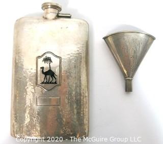 Sterling Silver Hammered Flask and Funnel, Both with Camel Decoration.  The flask measures approximately 7" long and 4 1/2" wide.  251g.