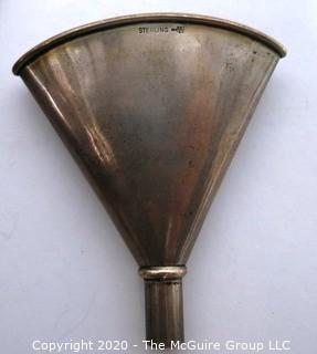 Sterling Silver Hammered Flask and Funnel, Both with Camel Decoration.  The flask measures approximately 7" long and 4 1/2" wide.  251g.