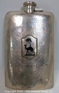 Sterling Silver Hammered Flask and Funnel, Both with Camel Decoration.  The flask measures approximately 7" long and 4 1/2" wide.  251g.