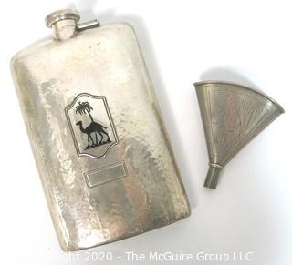 Sterling Silver Hammered Flask and Funnel, Both with Camel Decoration.  The flask measures approximately 7" long and 4 1/2" wide.  251g.