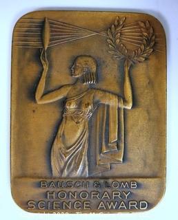 1939 Art Deco Bausch & Lomb Heavy Bronze Honorary Science Award in Presentation Case, Inscribed on back to Winner