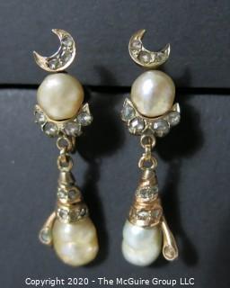 Antique Victorian 18 kt Gold (marked 750) with Freshwater Pearls & Gemstones Screw Back Drop Earrings.  Features crescent moon and snake, both encrusted in clear stones, possibly diamonds (some flourescence). 