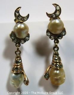 Antique Victorian 18 kt Gold (marked 750) with Freshwater Pearls & Gemstones Screw Back Drop Earrings.  Features crescent moon and snake, both encrusted in clear stones, possibly diamonds (some flourescence). 