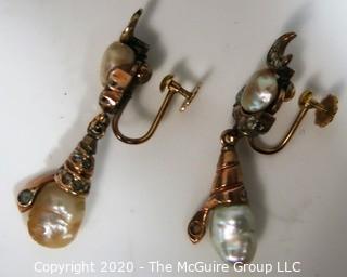 Antique Victorian 18 kt Gold (marked 750) with Freshwater Pearls & Gemstones Screw Back Drop Earrings.  Features crescent moon and snake, both encrusted in clear stones, possibly diamonds (some flourescence). 