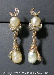 Antique Victorian 18 kt Gold (marked 750) with Freshwater Pearls & Gemstones Screw Back Drop Earrings.  Features crescent moon and snake, both encrusted in clear stones, possibly diamonds (some flourescence). 