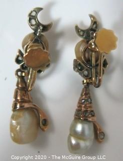 Antique Victorian 18 kt Gold (marked 750) with Freshwater Pearls & Gemstones Screw Back Drop Earrings.  Features crescent moon and snake, both encrusted in clear stones, possibly diamonds (some flourescence). 